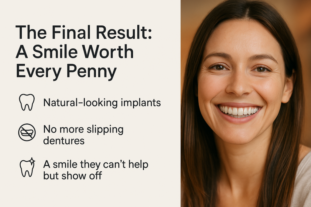 Smiling woman featured in Opus Smile dental ad, promoting the lasting confidence and natural results of dental implants with a bold message: “A Smile Worth Every Penny.”
