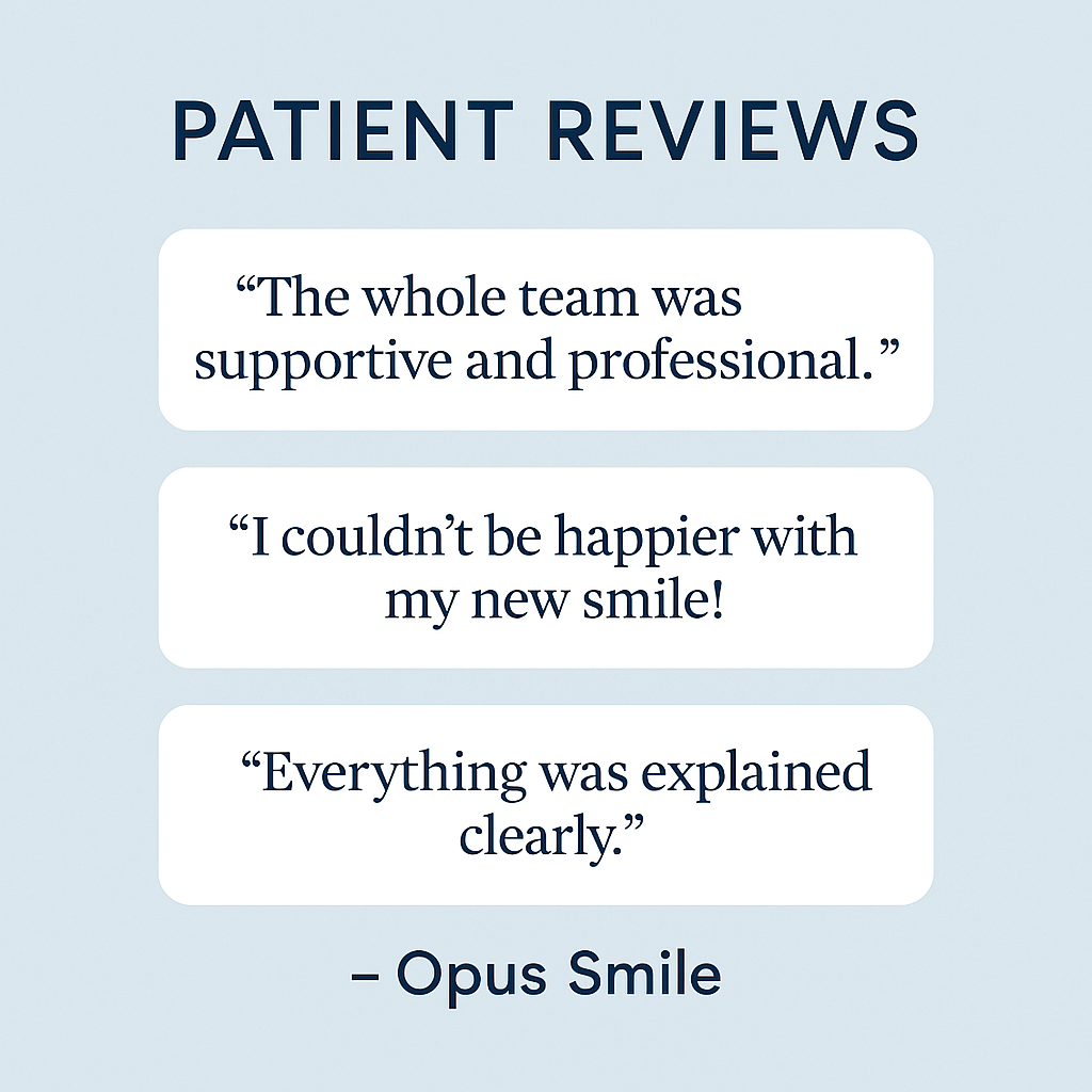 Modern testimonial graphic for Opus Smile, displaying real patient reviews and feedback about dental implant experiences on a clean, professional blue background.