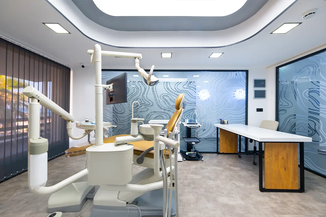 OGN Dental Studio Antalya treatment room wide-angle view showing dental chair articulated arm wave-pattern wall art and panoramic window