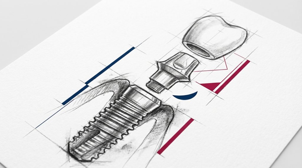 Dental implant component sketch showing titanium screw and crown abutment close-up illustration for cosmetic dentistry guide